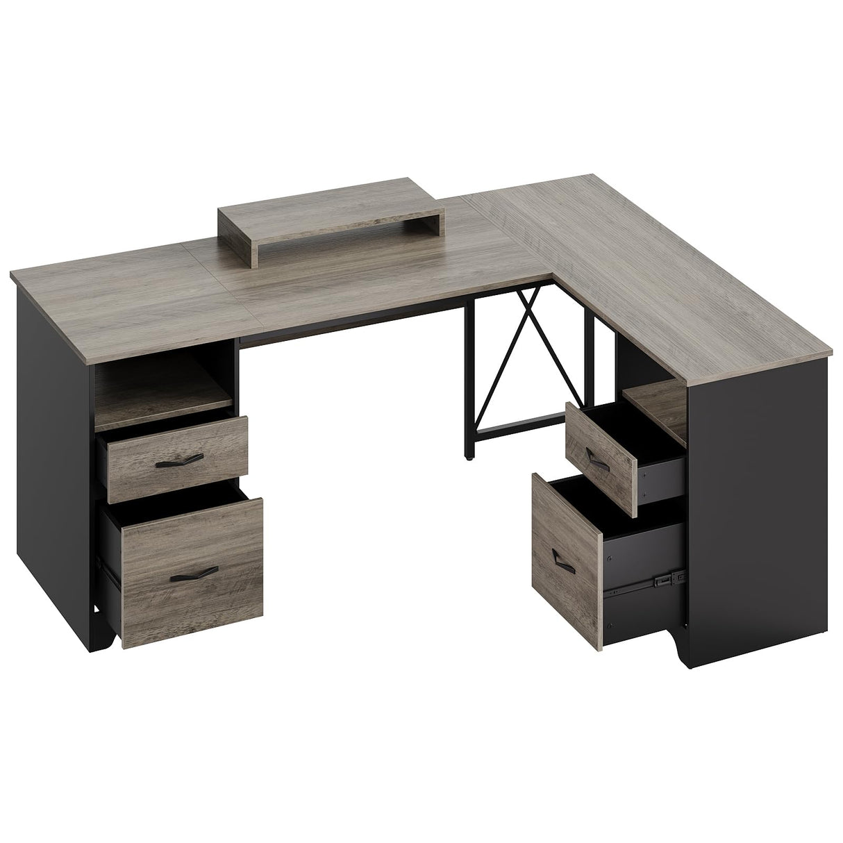 Bestier L Shaped Desk with 4 Drawers, 63" x 47" Executive Desk with Open Storage & Monitor Stand, Corner Desk with 2 File Drawers & Modesty Panel for Home Office, Gray Bestier