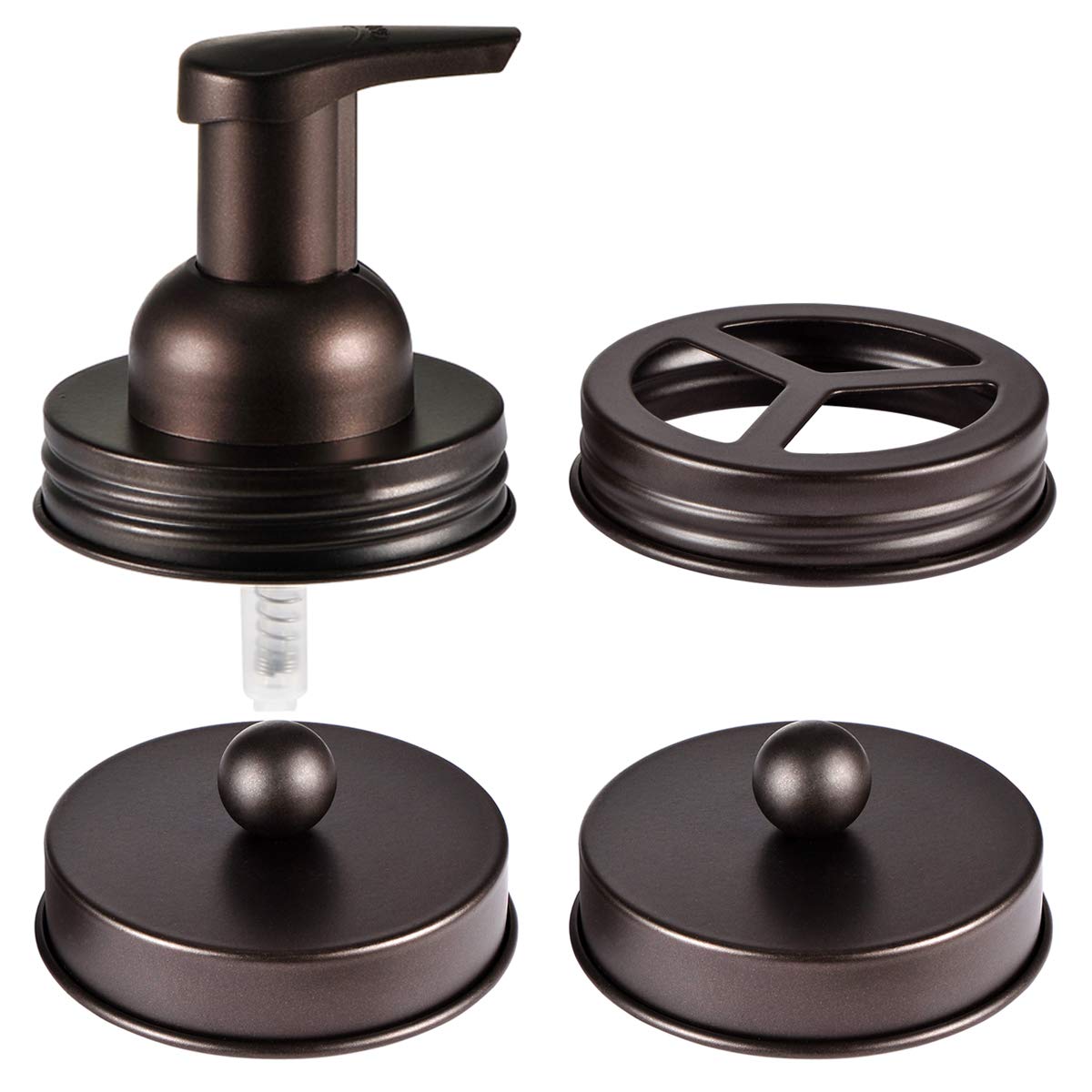 Komashr Mason Jar Bathroom Accessories Set(4pcs)- Jars Not Included - Foaming Soap Dispenser,Toothbrush Holder, and Apothecary Storage Jars Lids -Rustic Farmhouse Decor,Brown Komashr