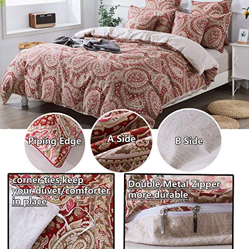 FADFAY Paisley Duvet Cover Set 100% Cotton Ultra Soft Red and Beige Reversible Paisley Bedding Set with Hidden Zipper Closure 3 Pieces, 1Duvet Cover & 2Pillowcases, King/California King Size FADFAY