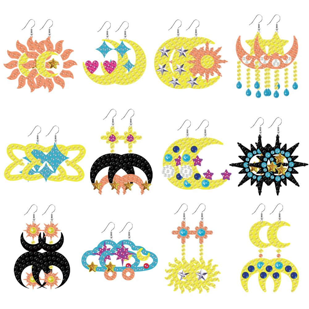 beinkmake 12 Pairs Celestial Sun Moon Star Diamond Painted Earrings 5D Earring Making Kit Fantasy Vintage Jewelry DIY Diamond Art Earring Kit for Adults Craft Unique Handmade Gifts beinkmake