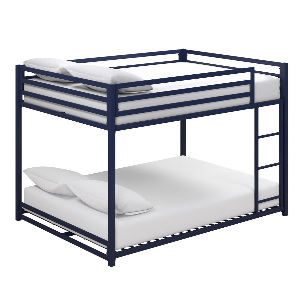 DHP Miles Low Metal Bunk Bed Frame for Kids, With Built-in Ladder, High Guardrail and Metal Slats, Floor Bed Bottom Bunk, No Boxspring Required, For Small Spaces, Full-Over-Full, Blue DHP
