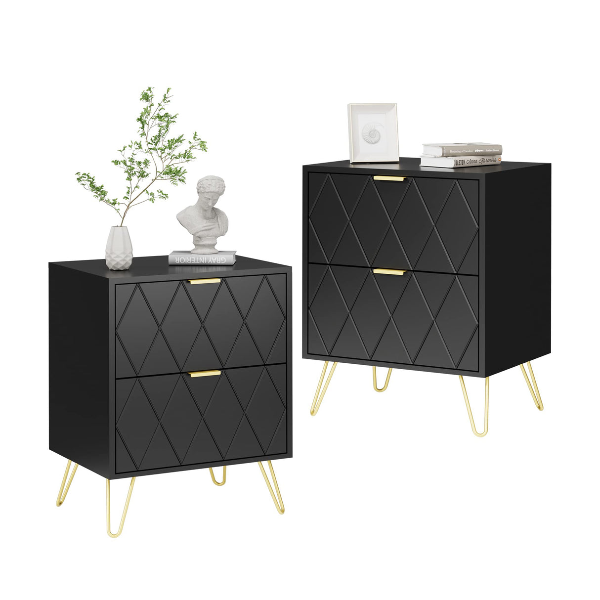 Anbuy Black Nightstand Set of 2 with Gold Handle, Bedside Table with 2 Drawers, Night Stands Set of 2 Gold Legs for Bedroom Living Room Anbuy