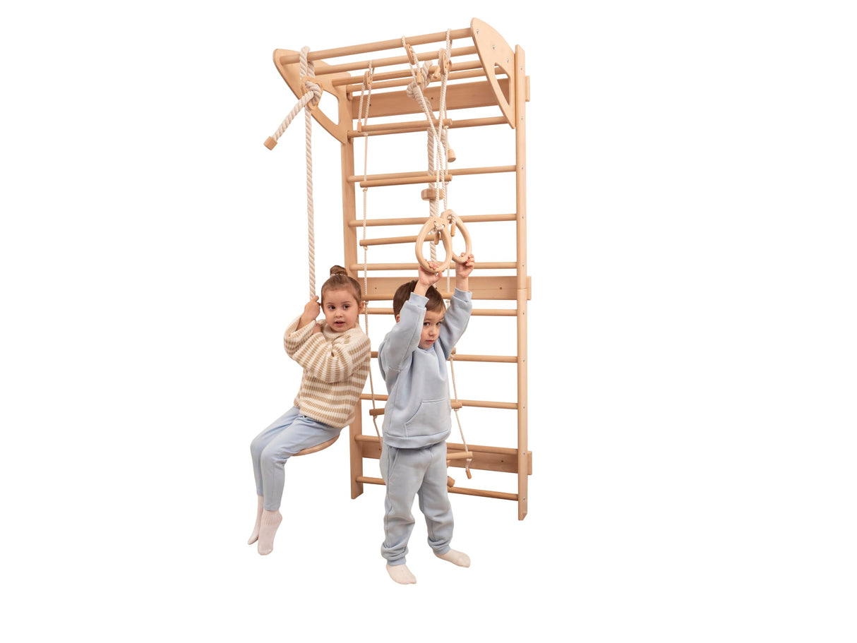 Woodandhearts Swedish Ladder for Kids with Rope Accessories - Indoor Jungle Gym, Indoor Jungle Gym for Kids Ages 6-16, Indoor Climbing Gym, Climbing Wall for Kids (Natural Wood, All Accessories) Wood And Hearts