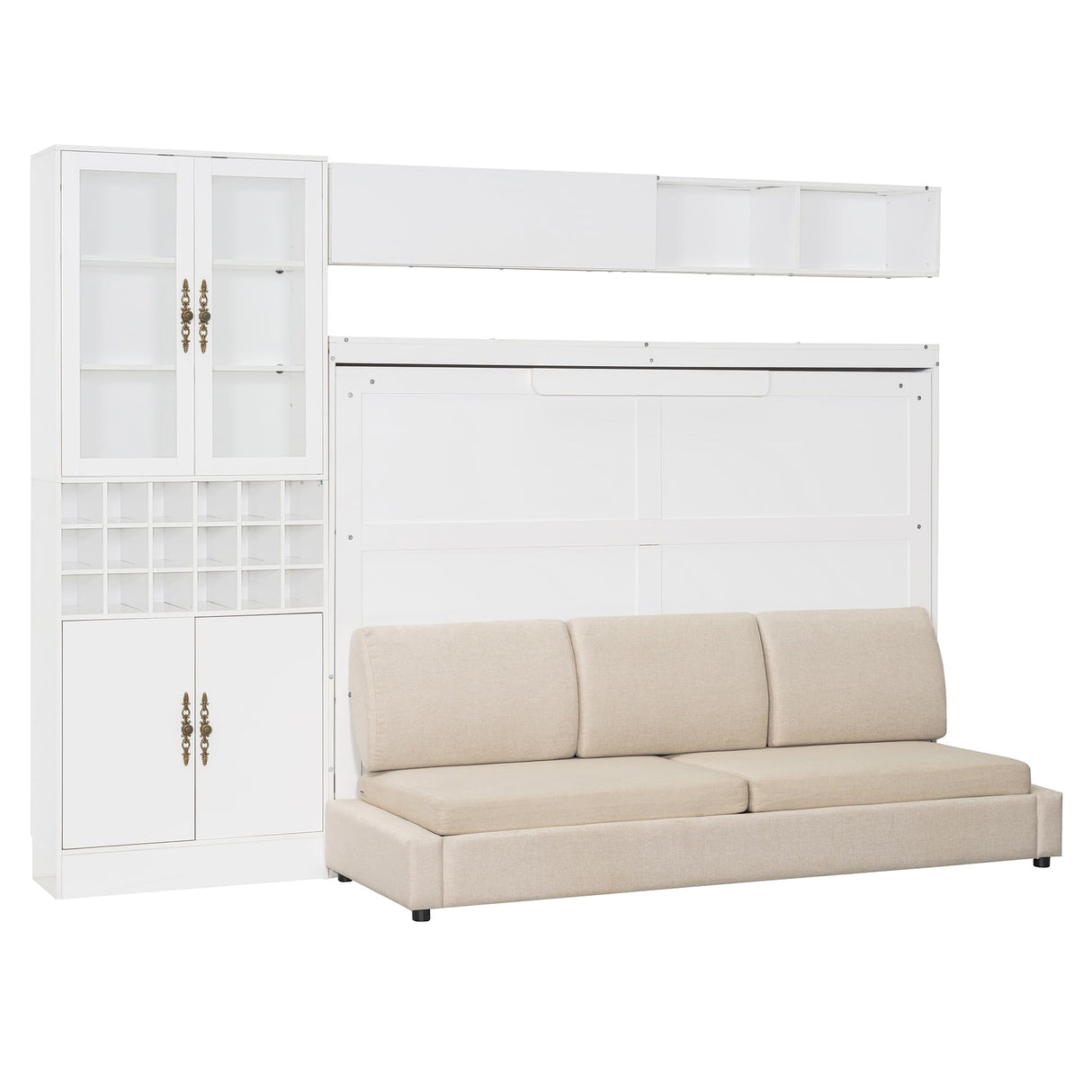 Full Size Murphy Bed with Sofa and Storage Shelves, Space Saving Foldable Bed Frame with USB & Light, Multi-Functional Wall Bed with Sofa for Living Room, No Box Spring Needed, White SOFTSEA