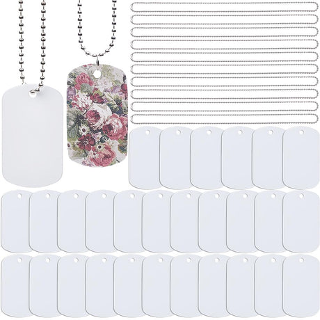 SOFPLATE 1 Box 45Pcs Sublimation Dog Tags Blanks Bulk with Chain White Aluminum Stamping Blank Tag Pendants Heat Transfer Double Sides Sublimation Keychain Blanks for DIY Craft Necklace Luggage Bagge SOFPLATE