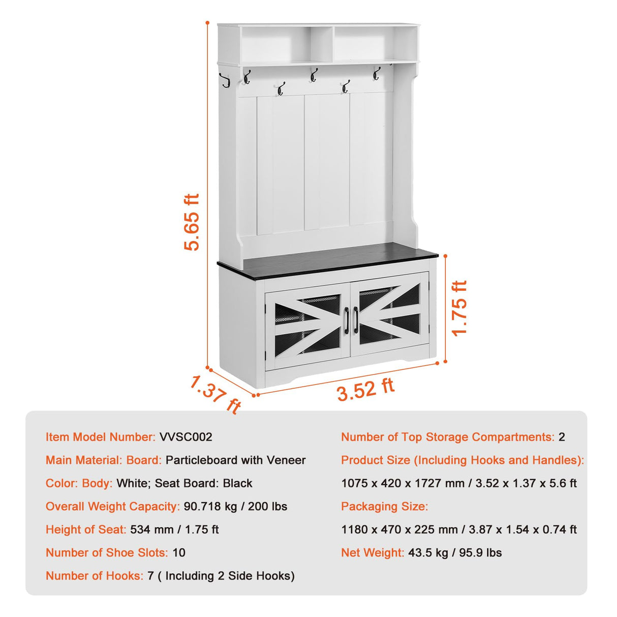 VEVOR Hall Tree Entryway Bench, LED Coat Rack with Shoe Storage, 42" Wide Mudroom Bench with Storage and Seating, Adjustable Shelves and 7 Hanging Hooks, for Mudroom, Entryway, Hallway VEVOR