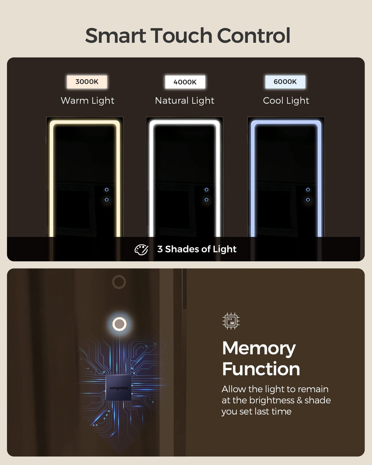 SONGMICS LED Mirror Jewelry Cabinet Standing, Lockable Jewelry Armoire with Full-Length Mirror and Adjustable LED Lights, Space-Saving Jewelry Organizer with Mirror, Gift Idea, Rustic Brown UJJC008X01 SONGMICS