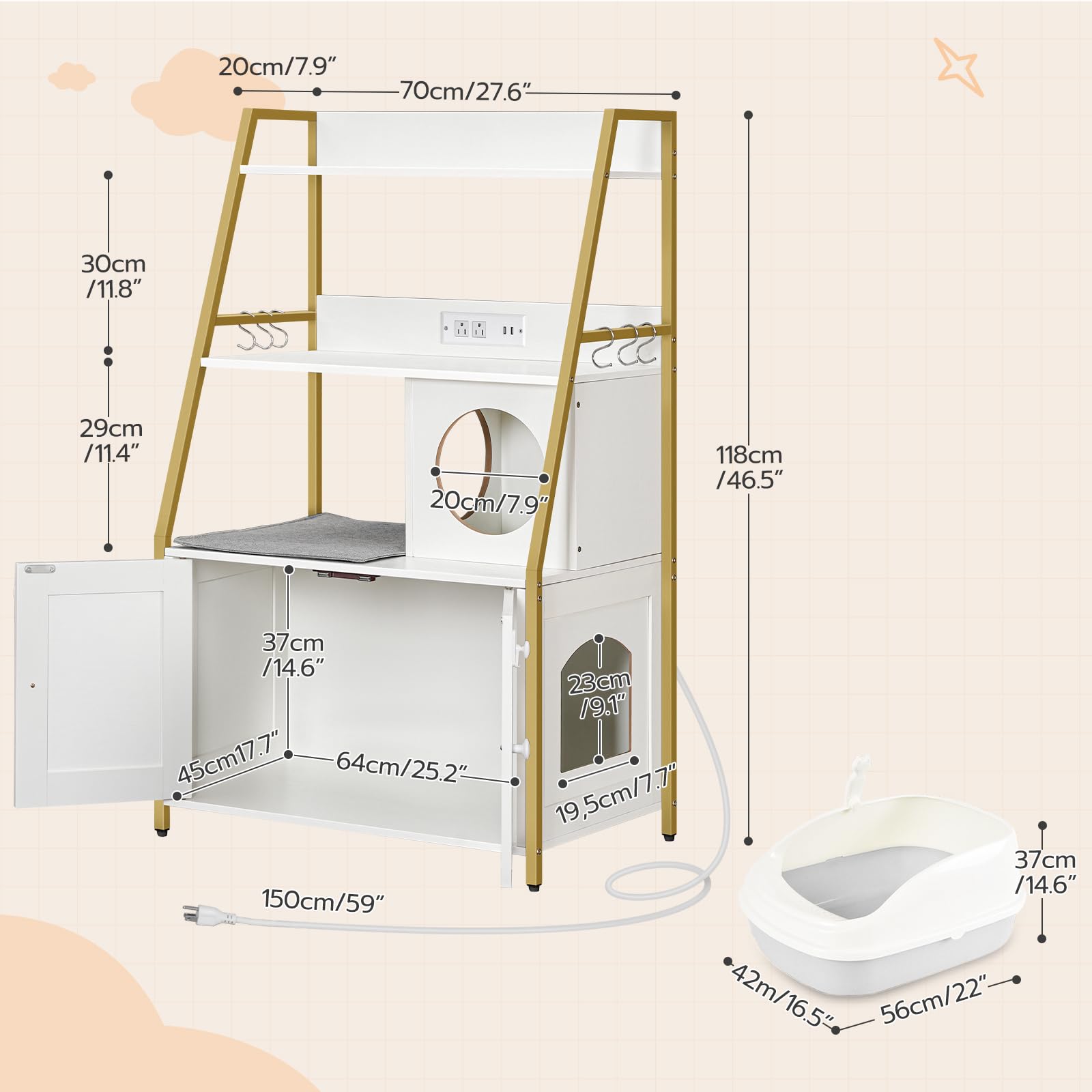 HOOBRO Litter Box Enclosure with 2 Storage Shelves, Tall Cat Litter Box Furniture Hidden with Charging Station, Indoor Cat Furniture with Cat House and Plush Mat, White and Gold DW70UMW01 - WoodArtSupply