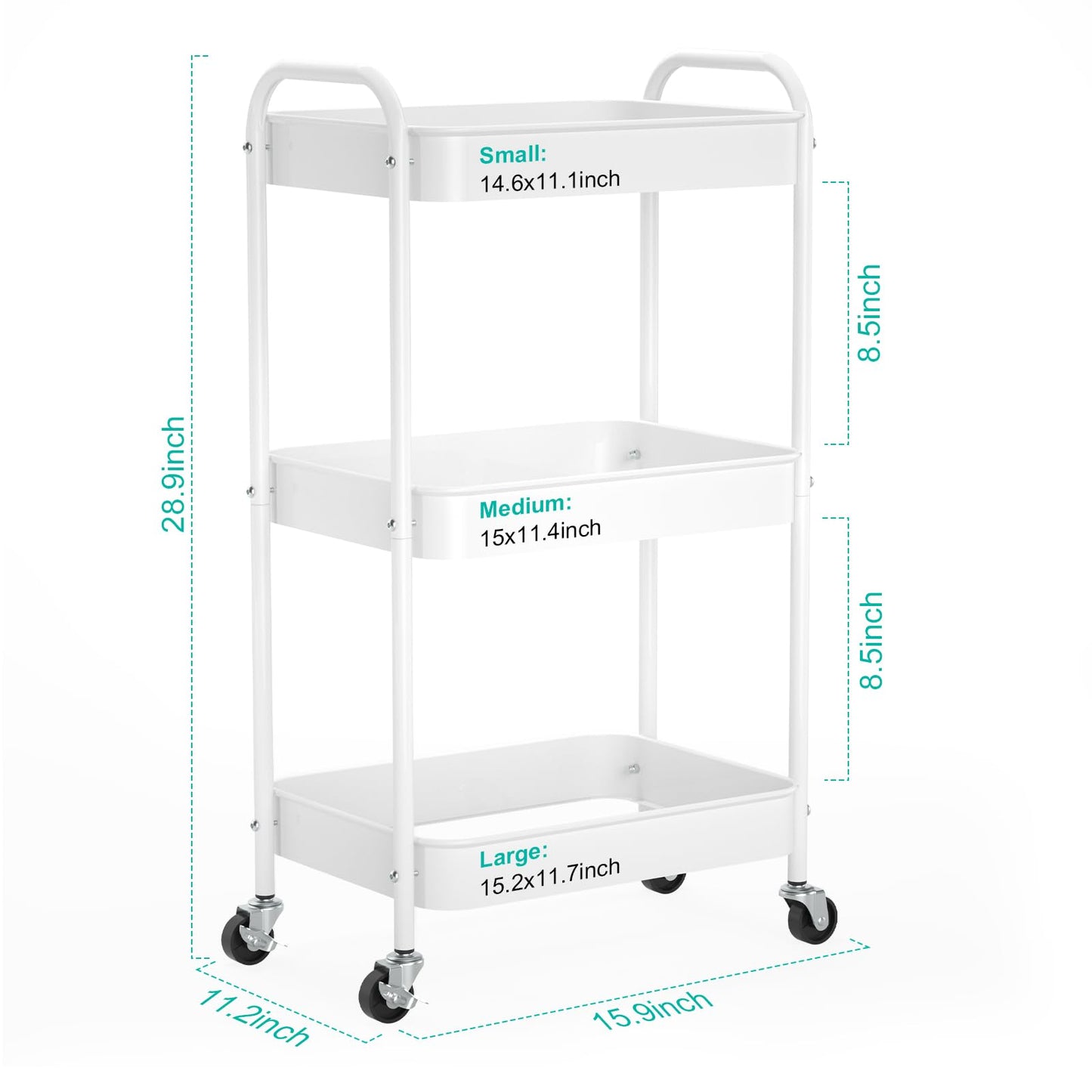 PNVXNUS 3 Tier Rolling Metal Storage Carts with Wheels,Multi Functional Organizer Cart for Office, Bathroom, Kitchen, Book, Diaper. Easy Assembly. (White)