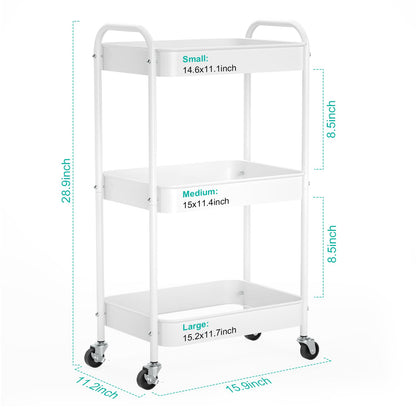 PNVXNUS 3 Tier Rolling Metal Storage Carts with Wheels,Multi Functional Organizer Cart for Office, Bathroom, Kitchen, Book, Diaper. Easy Assembly. (White)