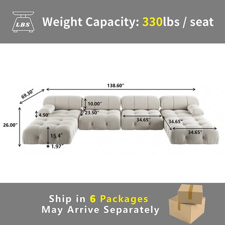 JACH 138" Modular Sectional Couch, U-Shaped Minimalist Velvet Sofas with Chaise Ottomans, Convertible Modern Deep 6-Seat Sofas Furniture for Living Room, Apartment (Beige) JACH