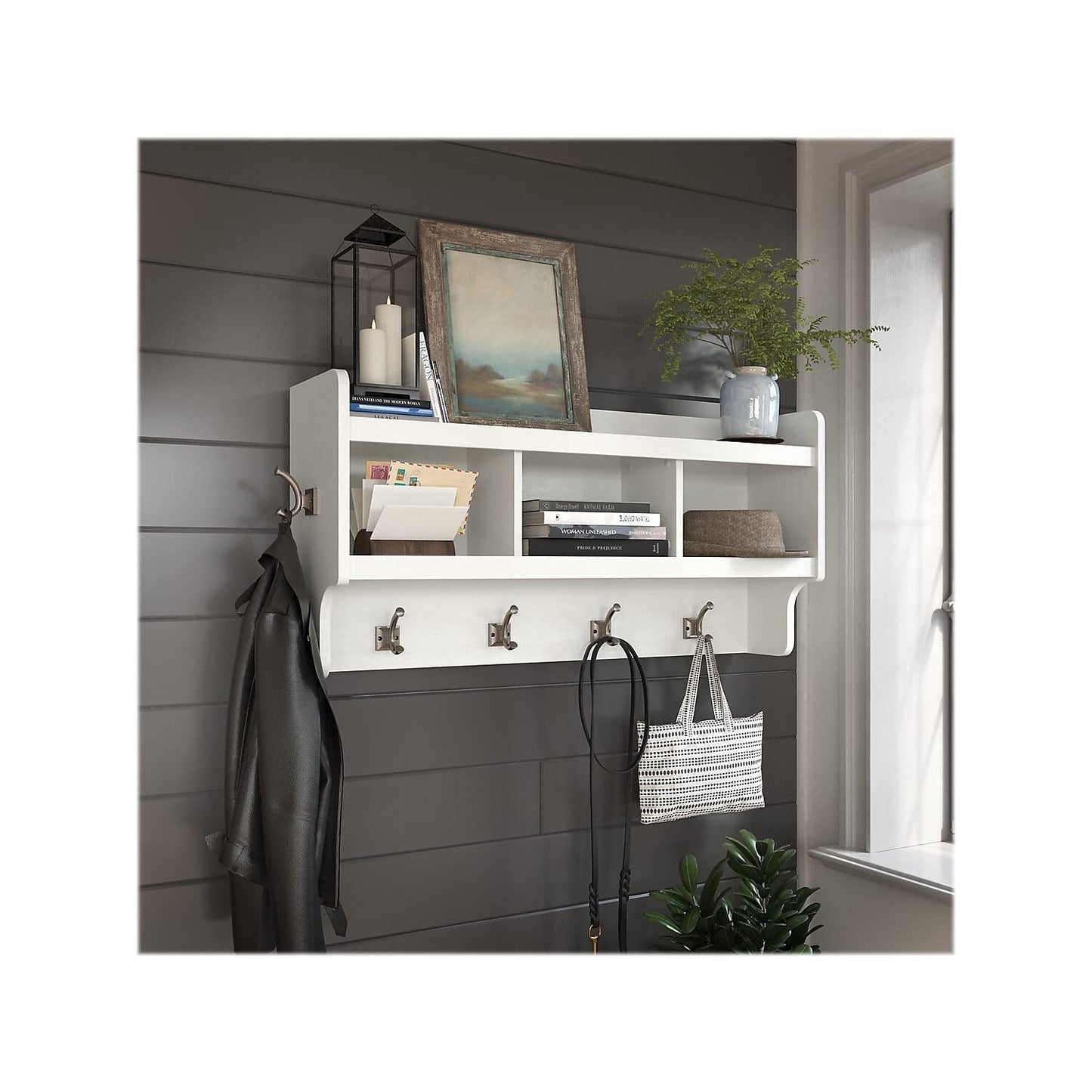 kathy ireland Home by Bush WDH340WAS-03 Wall Coat Rack, White Ash, Engineered Wood - WoodArtSupply