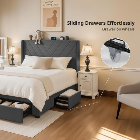 COMHOMA Queen Bed Frame with Headboard and USB & Type-C Charging Ports,Storage Drawers,Modern Upholstered Platform Frames with Padded Headboard, Heavy Duty Structure,No Box Spring Needed,Dark Grey COMHOMA