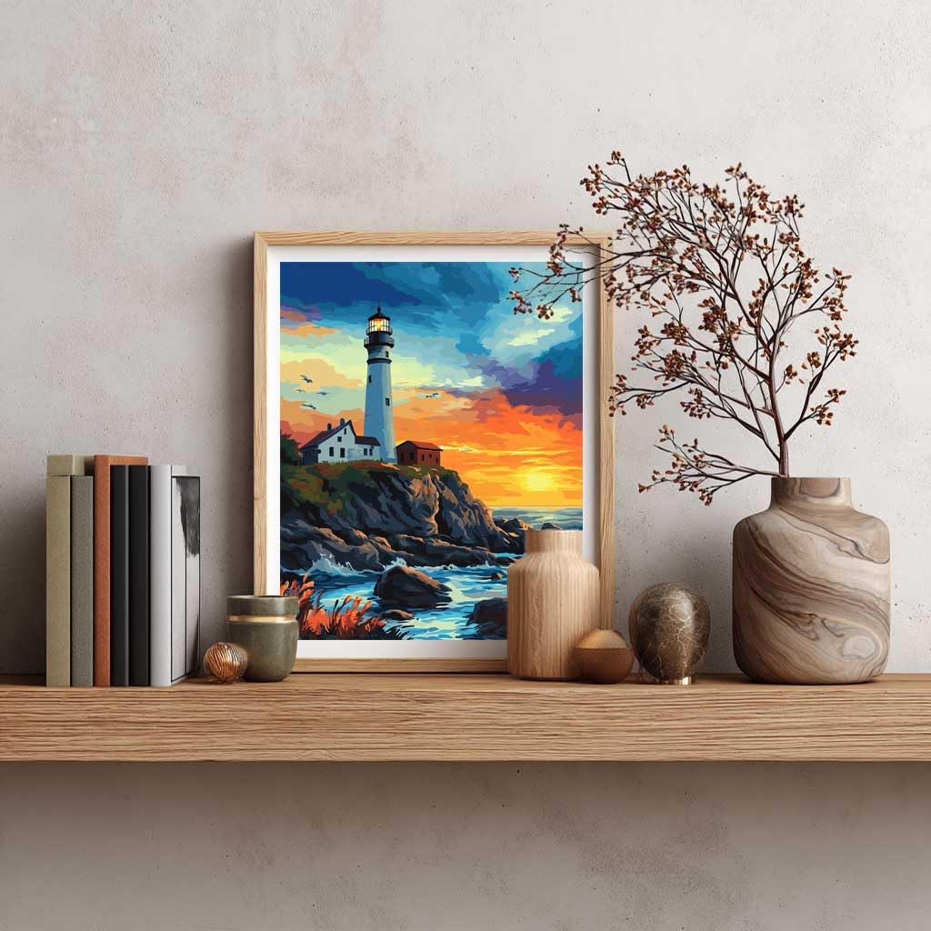 Lighthouse Paint by Numbers, Lighthouse Ocean Paint by Number Kit for Adults, Coastal Scenery Easy Acrylic DIY Oil Painting on Canvas for Home Wall Decor- Rocky Cliff at Sunset(16x20inch, No Frame) Cawpom