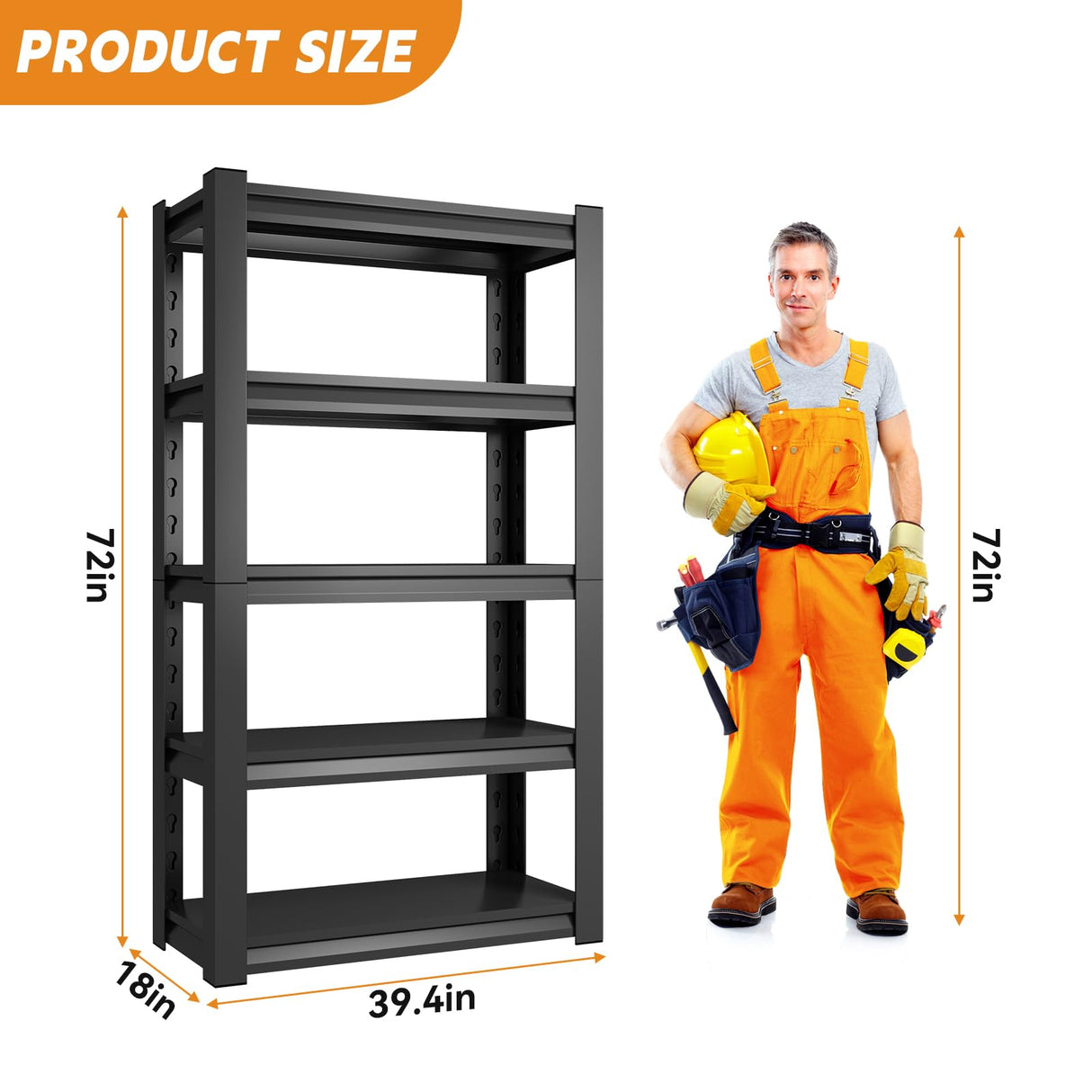 CRPDY 72" H Garage Shelving 2500LBS Heavy Duty Storage Shelves Adjustable 5 Tier Metal Shelving Unit for Industrial Garage Basement School Warehouse, 18" D x 39.4" W x 72" H, Black CRPDY