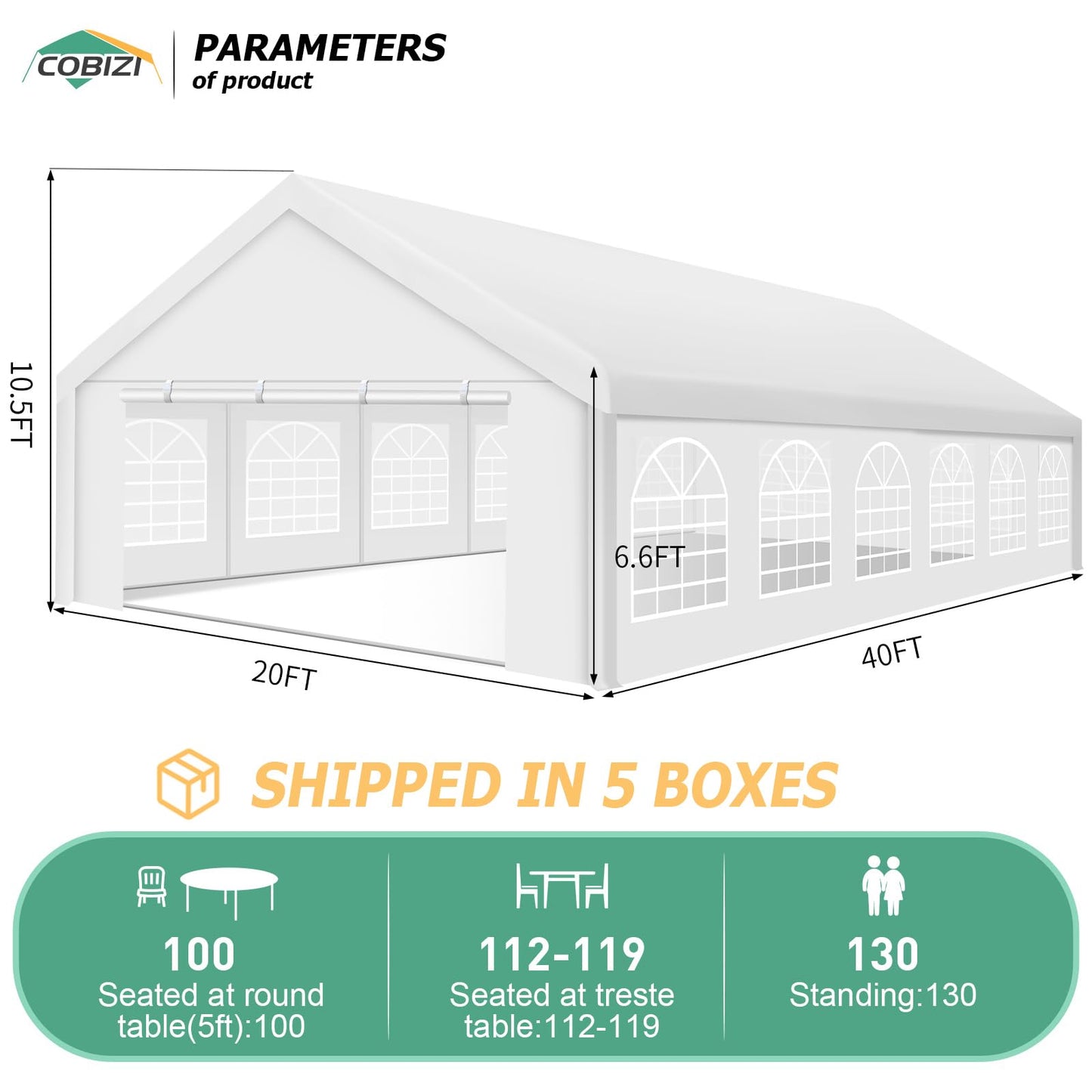 COBIZI 20x40ft Party Tent Heavy Duty, Wedding Tent, Event Tent for Parties, Carpas Para Fiestas with 8 Removable Sidewalls, 20x40 Tent with Built-in Sandbag, UV50+, Big Tent for Party, Carpor - WoodArtSupply