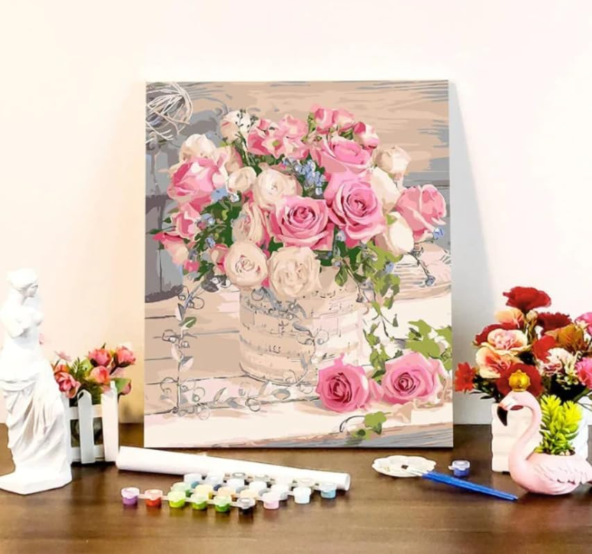 Syntego DIY Paint by Numbers for Adults, Pink Roses Bouquet Canvas Oil Acrylic Painting Kit Approx 50 x 40cm(16" x 20") Syntego
