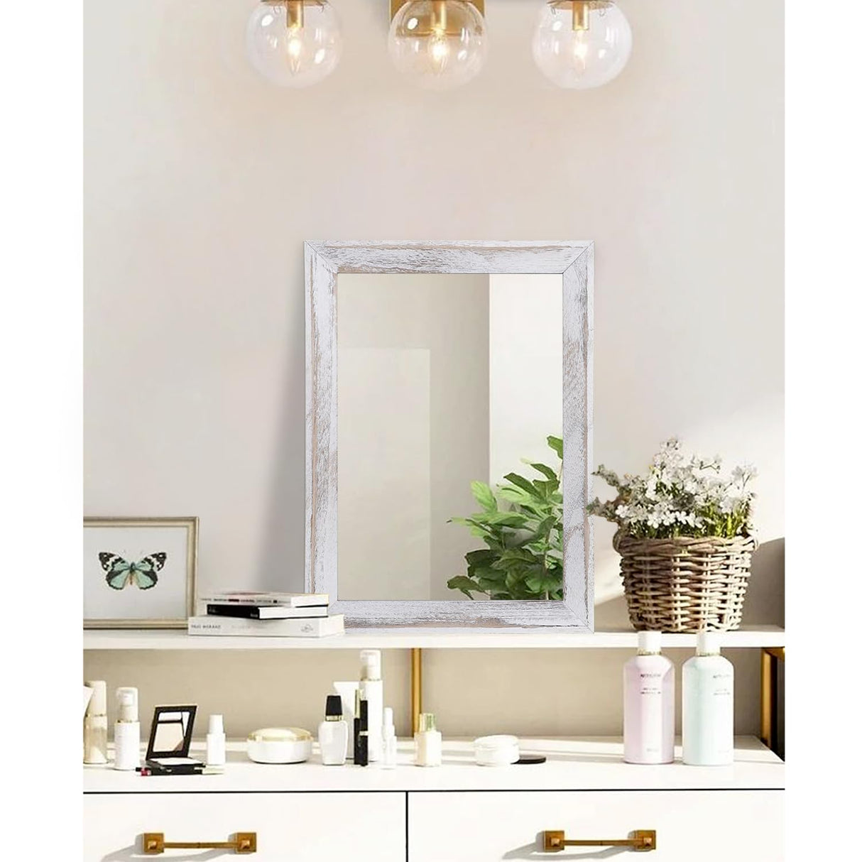 AAZZKANG Mirrors for Wall Rustic Wood Framed Mirror Decorative Farmhouse Bedroom Bathroom Hanging Mirror Wall Decor Rectangle White AAZZKANG