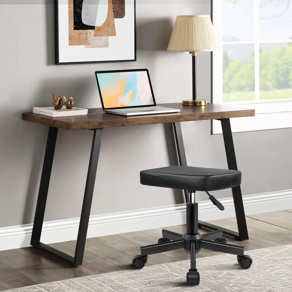 WKWKER Rolling Stool Height Adjustable 360° Swivel Stool with Wheels Square Seat PU Leather Rolling Stool for Bedroom Counter Shop Salon Massage Home Office Desk (Black) WKWKER