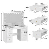 FUFU&GAGA Vanity Desk with Mirror and Bulb Lights, Large Makeup Vanity with Glass Top, Modern Dressing Table with 9 Drawers & Hidden Shelves for Bedroom, White, 43.3”W x 19.7”D x 53.6”H FUFU&GAGA