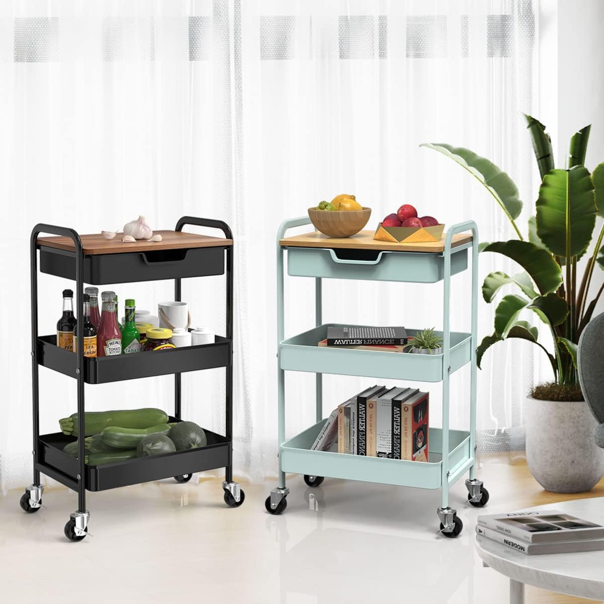 Aratan 3 Tier Rolling Cart with Drawer, Metal Utility Cart on Wheels Storage Cart with Wood Top, Kitchen Cart Art Cart Organizer for Bathroom Office Balcony Living Room - WoodArtSupply