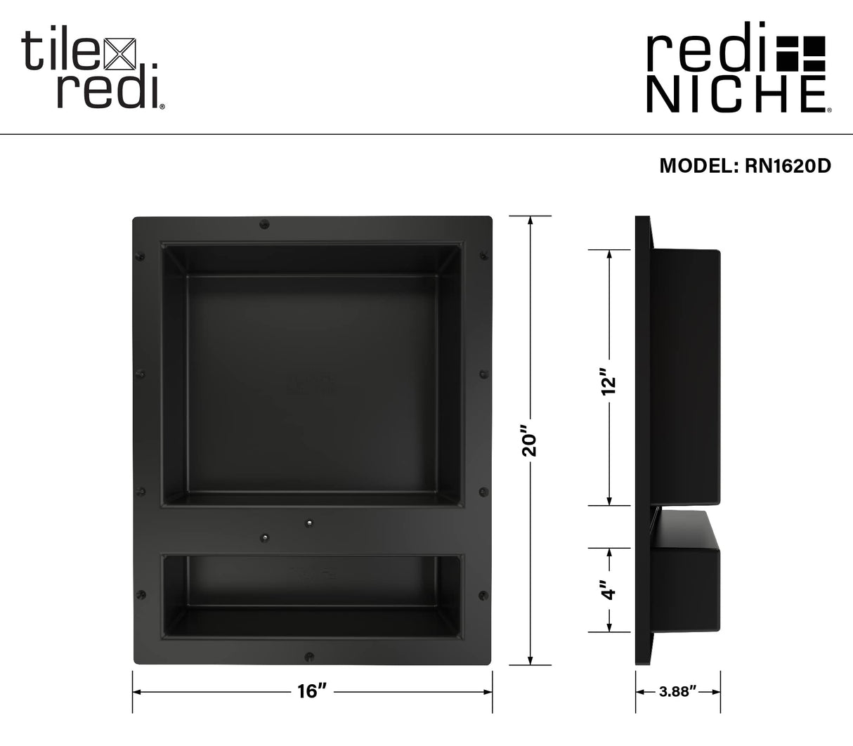 Redi Niche Double Recessed Shower Shelf – Black, Two Inner Shelves with Divider, 16-Inch Width x 20-Inch Height x 4-Inch Depth Tile Redi
