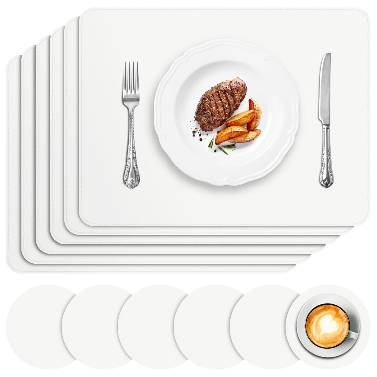 APLKER Vinyl Placemats Set of 6, Heat Resistant Dining Table Placemats Waterproof Washable Wipeable Faux Leather Place Mats and Coasters for Kitchen, Dining, Party & Outdoor (White) APLKER