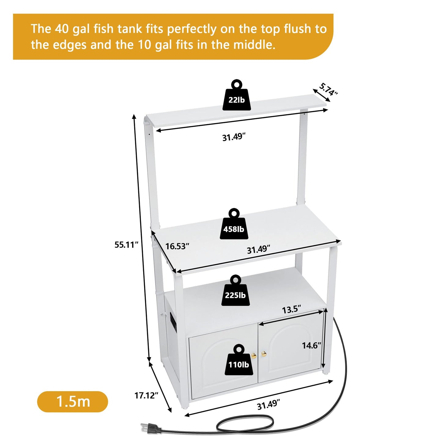 affeivul 40 Gallon Fish Tank Stand with Storage Cabinet, 5-10 Gallon Fish Tank Stand, Aquarium Stand 20 Gallon with Power Outlets and Led Light, Turtle/Breeder/Reptile Tank Stand - 458 LBS，White