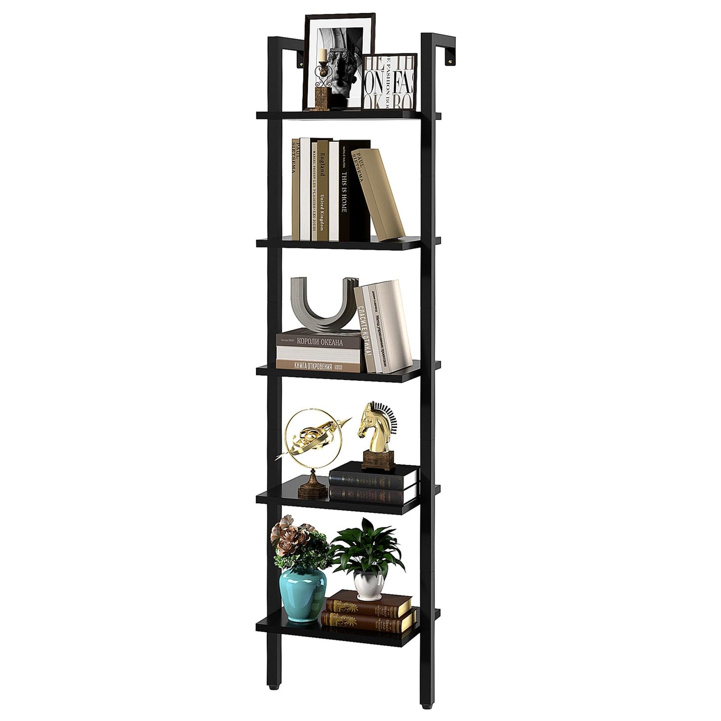 YMYNY Industrial 5-Tier Wall-Mounted Ladder Bookcase - Black Wooden Storage Shelves - WoodArtSupply