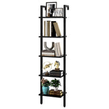 YMYNY Industrial 5-Tier Wall-Mounted Ladder Bookcase - Black Wooden Storage Shelves YMYNY