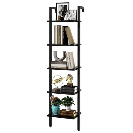 YMYNY Industrial 5-Tier Wall-Mounted Ladder Bookcase - Black Wooden Storage Shelves YMYNY
