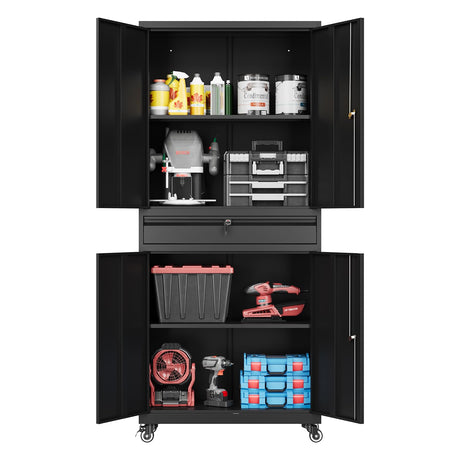 Fesbos 73" Metal Cabinet-Black Heavy Duty Rolling Storage Cabinet Steel Tool Cabinets with Wheels, Shelves, Lockable Doors and Drawers- for Garage, Pantry, Warehouse Home Office- Assembly Required Fesbos