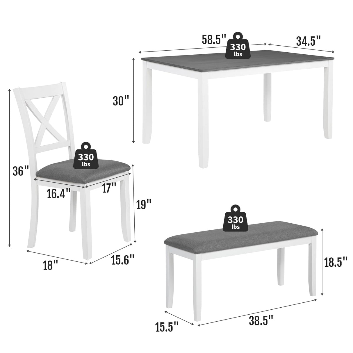 Zevemomo 6-Piece Solid Wood Dining Table Set, Including 1 Dining Table, 4 Upholstered Chairs and 1 Bench, Wooden Legs Dining Table Set for Dining Room, Kitchen, Restaurant, White Zevemomo
