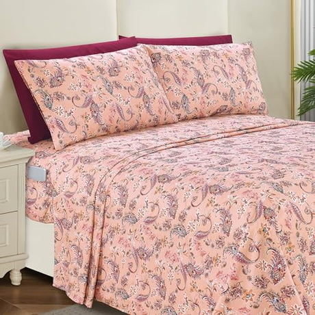 Elegant Comfort Softest and Coziest 6-Piece Sheet Set - 1500 Premium Hotel Quality Microfiber - Deep Pocket, Wrinkle Resistant 6-Piece Paisley Pattern Bed Sheet Set, Full, Paisley Coral Elegant Comfort