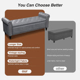 65 Inch Bedroom Bench, End of Bed Bench with Storage, Bed Benches for Foot of Bed, Faux Leather Window Bench with Tufted Button and Nailhead Trim, Upholstered Storage Bench with Rolled Arms, Gray FiveWillowise