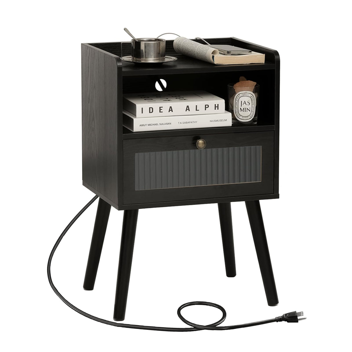 AWASEN Black Nightstand with Charging Station, Modern Bedside Table with Glass Decorative Drawer, Small End Table Side Table with 2 Tiers Storage Space, for Bedroom, Office and Small Space (Black) AWASEN