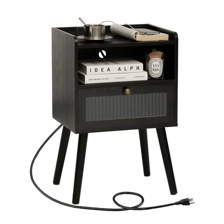 AWASEN Black Nightstand with Charging Station, Modern Bedside Table with Glass Decorative Drawer, Small End Table Side Table with 2 Tiers Storage Space, for Bedroom, Office and Small Space (Black) AWASEN