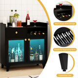 COCO DESIGN Small Wine Cabinet with Glass Doors, Modern Liquor Bar Cabinet with LED Light for Alcohol, Farmhouse Buffet Coffee Sideboard with Storage for Kitchen, Black COCO DESIGN