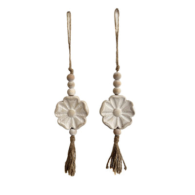 2pcs Carved Floral Tassels with Farmhouse Wood Beads - Multi-Functional Wall Decor Tray Home Decoration (Natural)