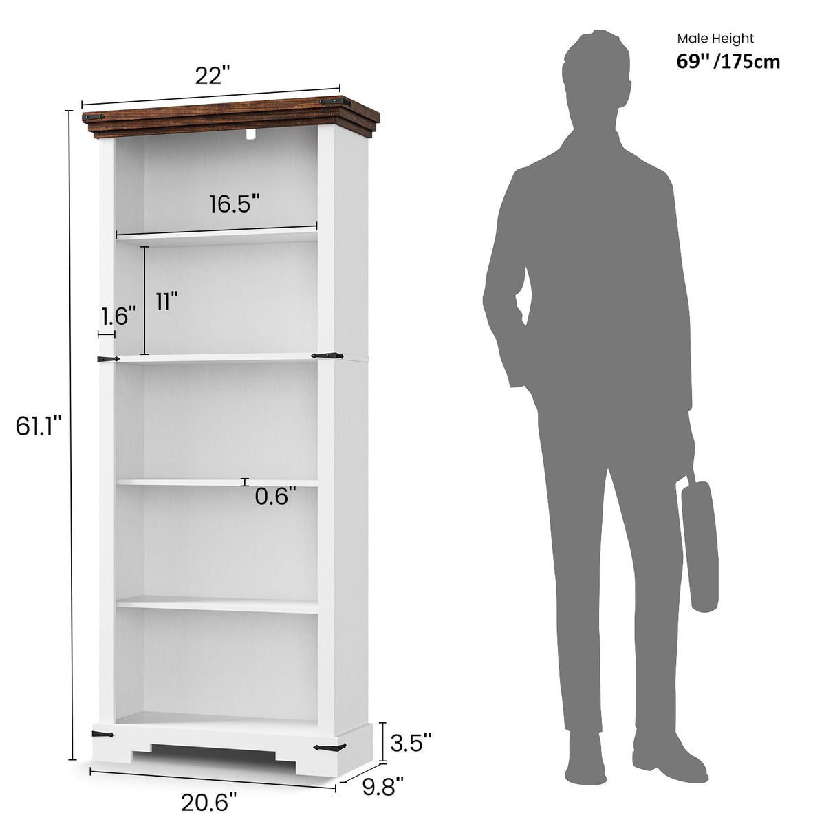 HOTLUU 5-Tier Farmhouse Bookshelf, 61.1 inch Tall Bookcase with Storage & Unique Design & One Adjustable Shelf, Wooden Bookshelf for Study Room, Living Room, Home Office, Bedroom (White) HOTLUU