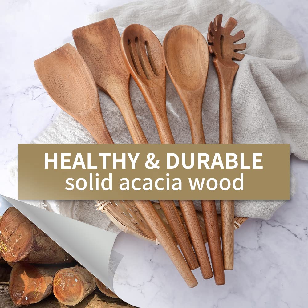 Exquisite Wooden Cooking Utensils For Kitchen, Set Of 5, 12 Inch Acacia Wood Kitchenware Tool Set, Cooking Gadgets Includes Spoon, Spoon Spatula, Spaghetti Spoon, Slotted Spoon, Shovel - WoodArtSupply