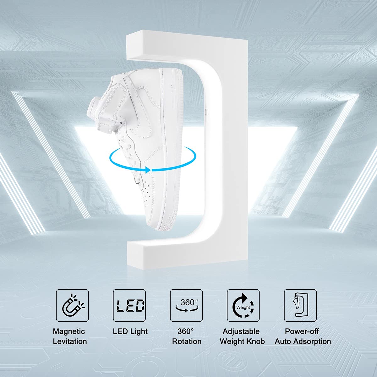 Yegvea 360°Rotation Floating Shoe Display Stand, Magnetic Levitation Sneaker Rack, with LED Light Sneaker levitating shoe shelf for Storefront Home Decor|Advertising Exhibition Shoe Store Show Yegvea