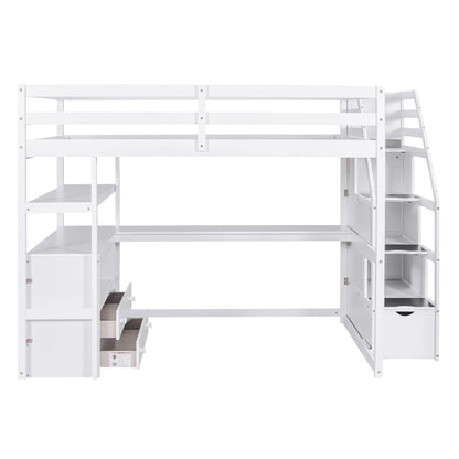 Harper & Bright Designs White Full Loft Bed with Staircase, Desk, and Storage Drawers for Kids and Teens - WoodArtSupply