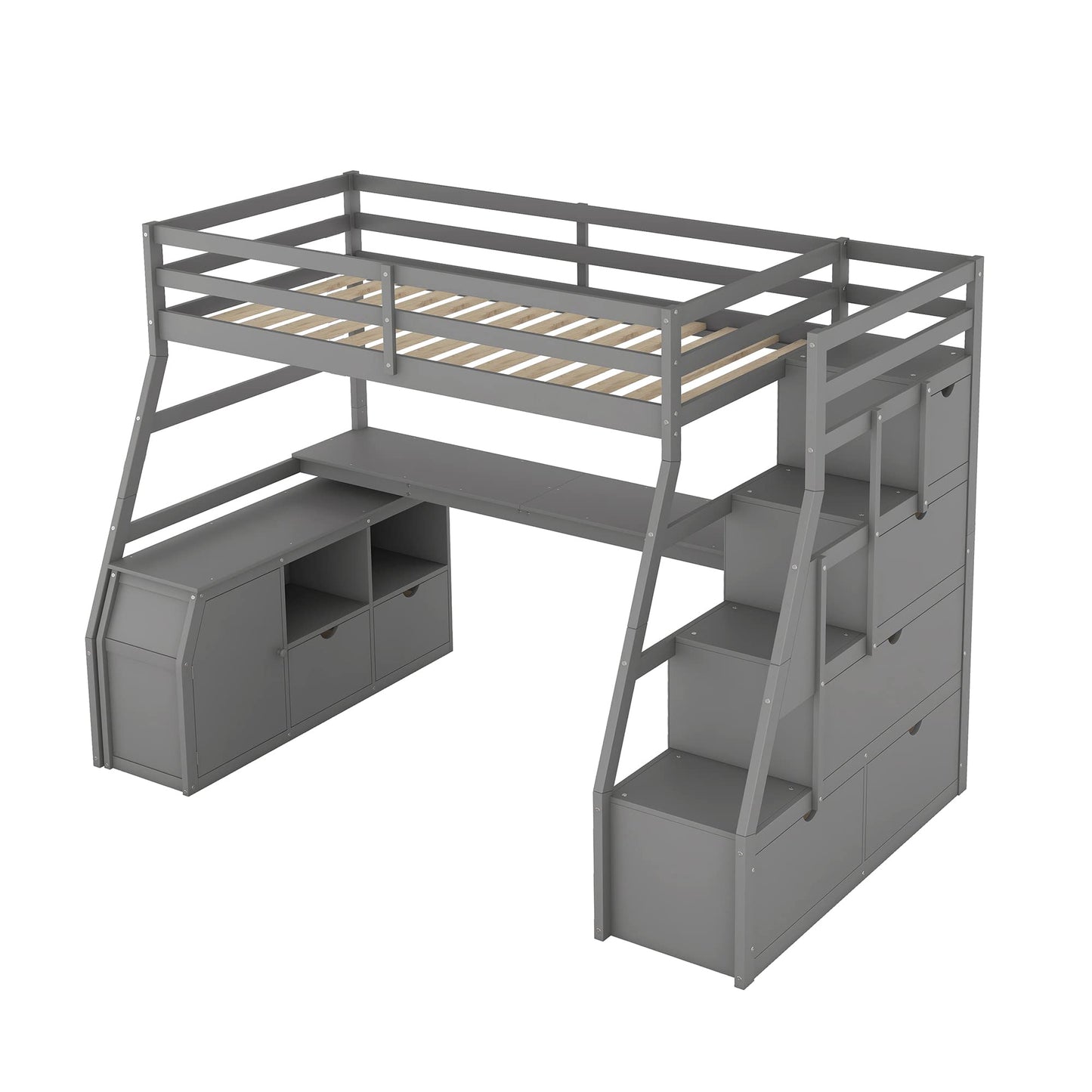 Twin Loft Bed with Storage Stairs and Desk - Bellemave Grey Wood Frame for Kids and Teens