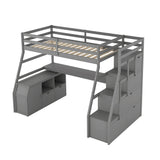 Twin Loft Bed with Storage Stairs and Desk - Bellemave Grey Wood Frame for Kids and Teens Bellemave
