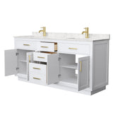 Wyndham Collection Beckett 72 Inch Double Bathroom Vanity with Toe Kick in White, Carrara Cultured Marble Countertop, Undermount Square Sinks, Brushed Gold Trim Wyndham Collection