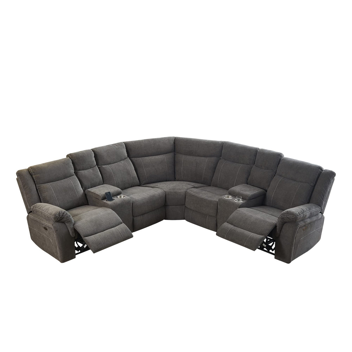 Power Reclining Sofa with Fabric Upholstery, 2 Consoles, USB Port and Cup Holders, Sectional Reclining Couch for Living Room Secsofier