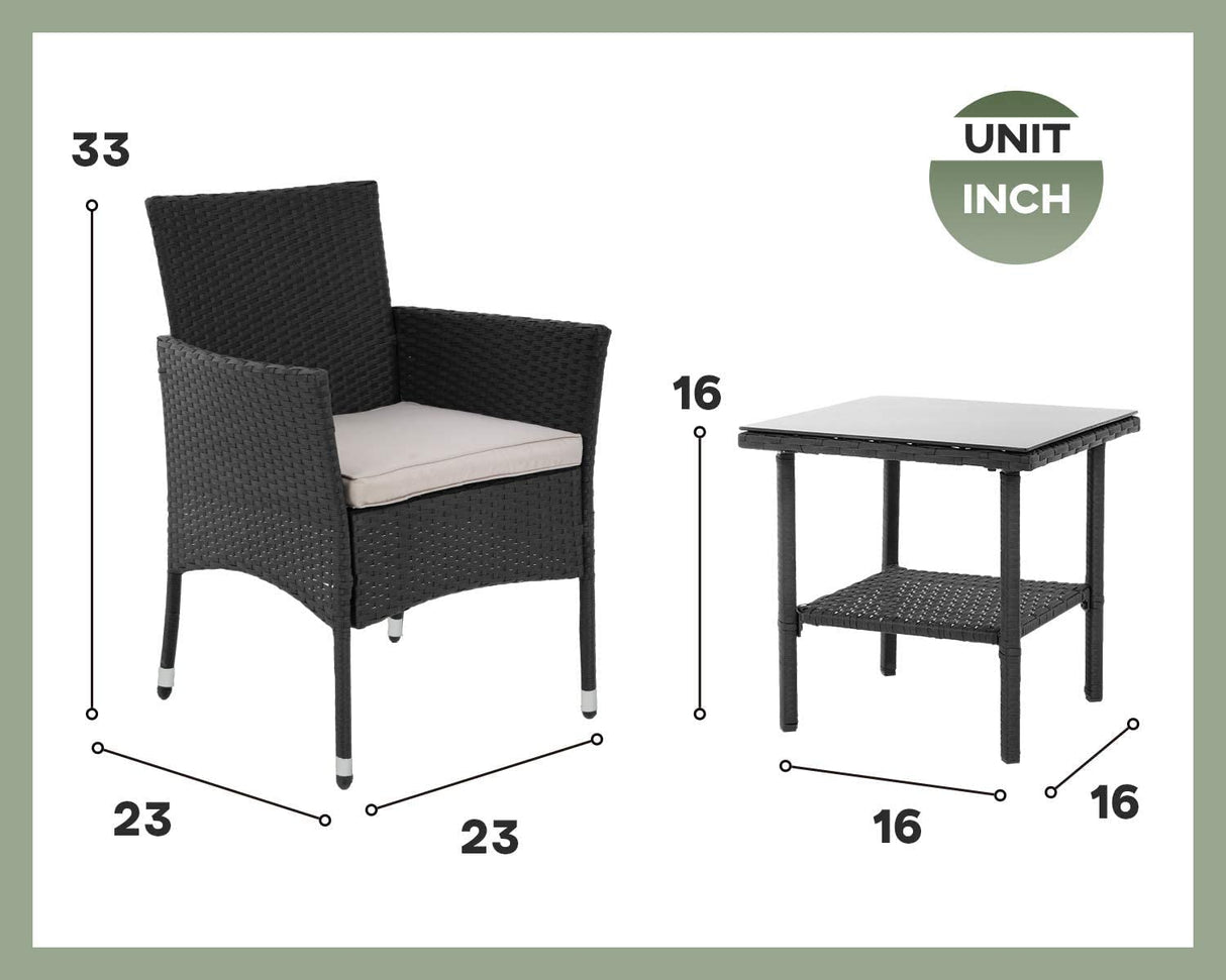 3 Piece Furniture Patio Chairs Wicker Outdoor Rattan Conversation Bistro Set for Backyard Porch Poolside Lawn (Black) PayLessHere