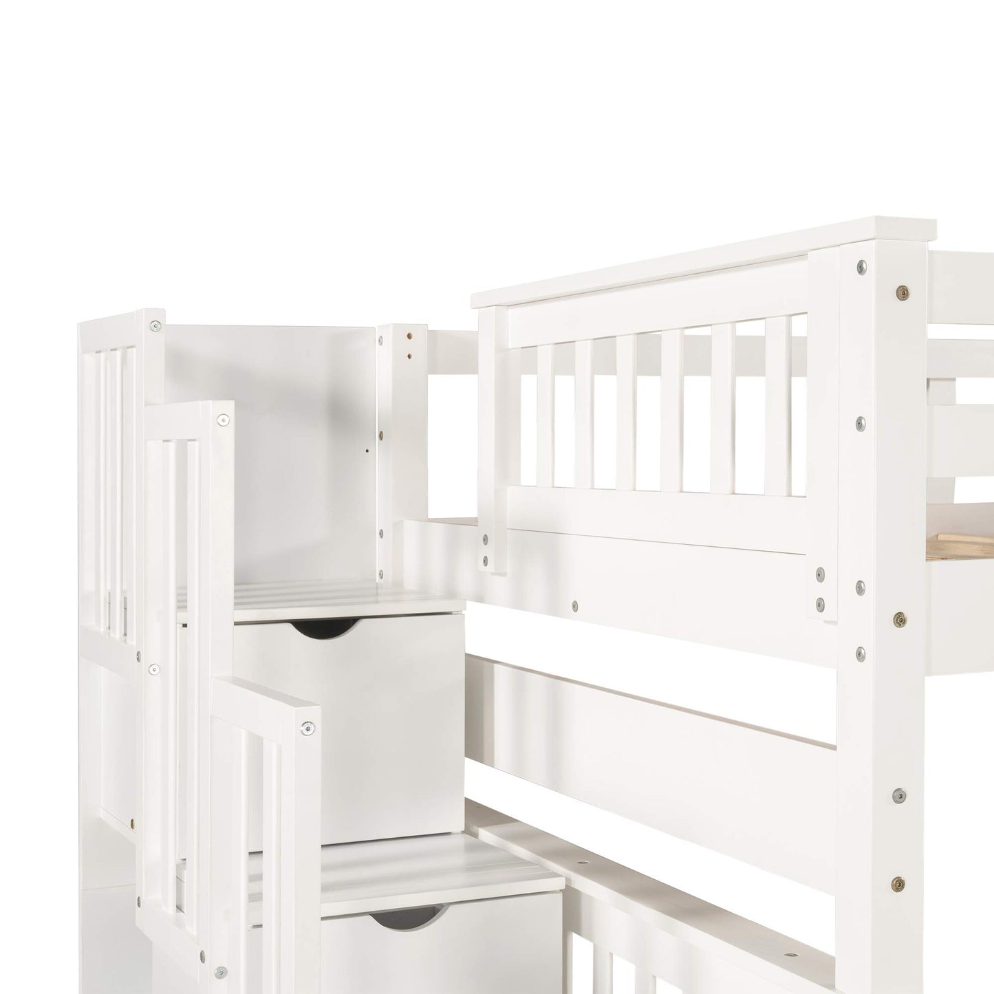 MERITLINE Full Over Full Bunk Bed with Stairs and 6 Storage Drawers, Solid Wood Bunk Bed with Storage Drawers, for Kids Teens Adults (White)