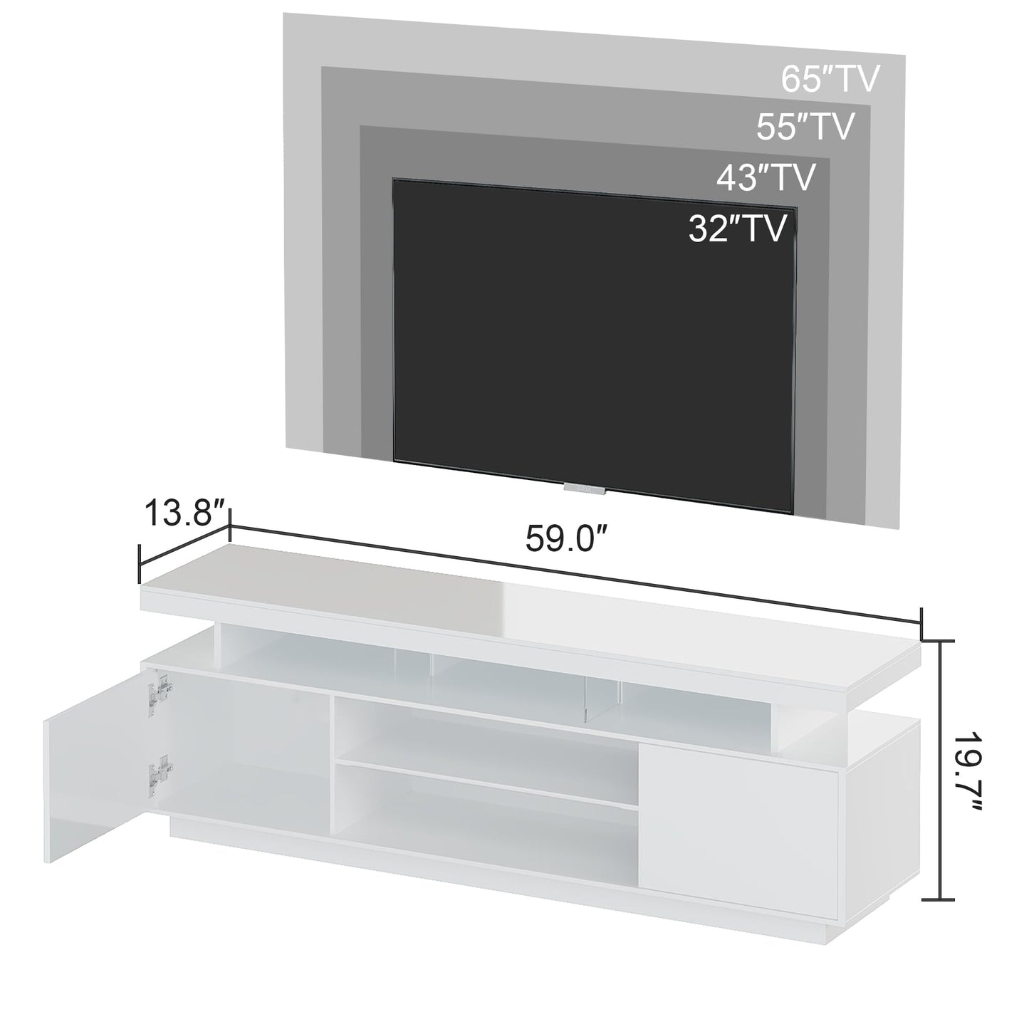 ChooChoo Modern LED TV Stand for 50/55/60/65 Inch TV, High Glossy Entertainment Center with 2 Storage Cabinets, Media Console with 5 Open Shelves for Living Room, Bedroom, White - WoodArtSupply